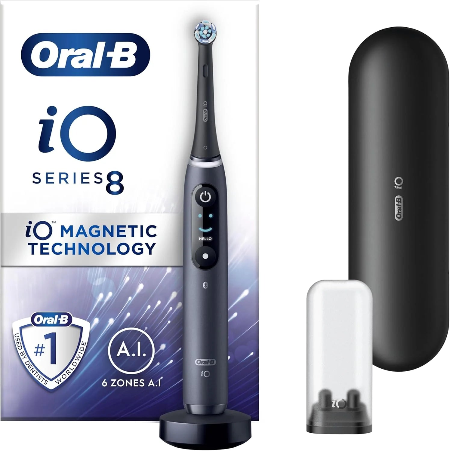Oral-B iO8 elektrische tandenborstels voor volwassenen, kerstcadeaus voor vrouwen/hem, app-aangesloten handvat, 1 tandenborstelkop en reiskoffer, 6 modi met tanden bleken, 2-pins UK-stekker, zwart(Zwart/Handvat)