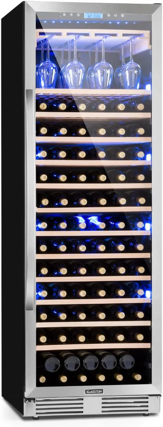 Klarstein inbouw wijnkoelkast – wijnklimaatkast met glazen deur, voor wijnrijping, dubbele temperatuurzone, voor wijn en prosecco; met touchscreen, barkoelkast, uv-bescherming, 5–22 °C, 17 flessen(425 Liter/165 Flaschen/425L - 13 houten rekken)