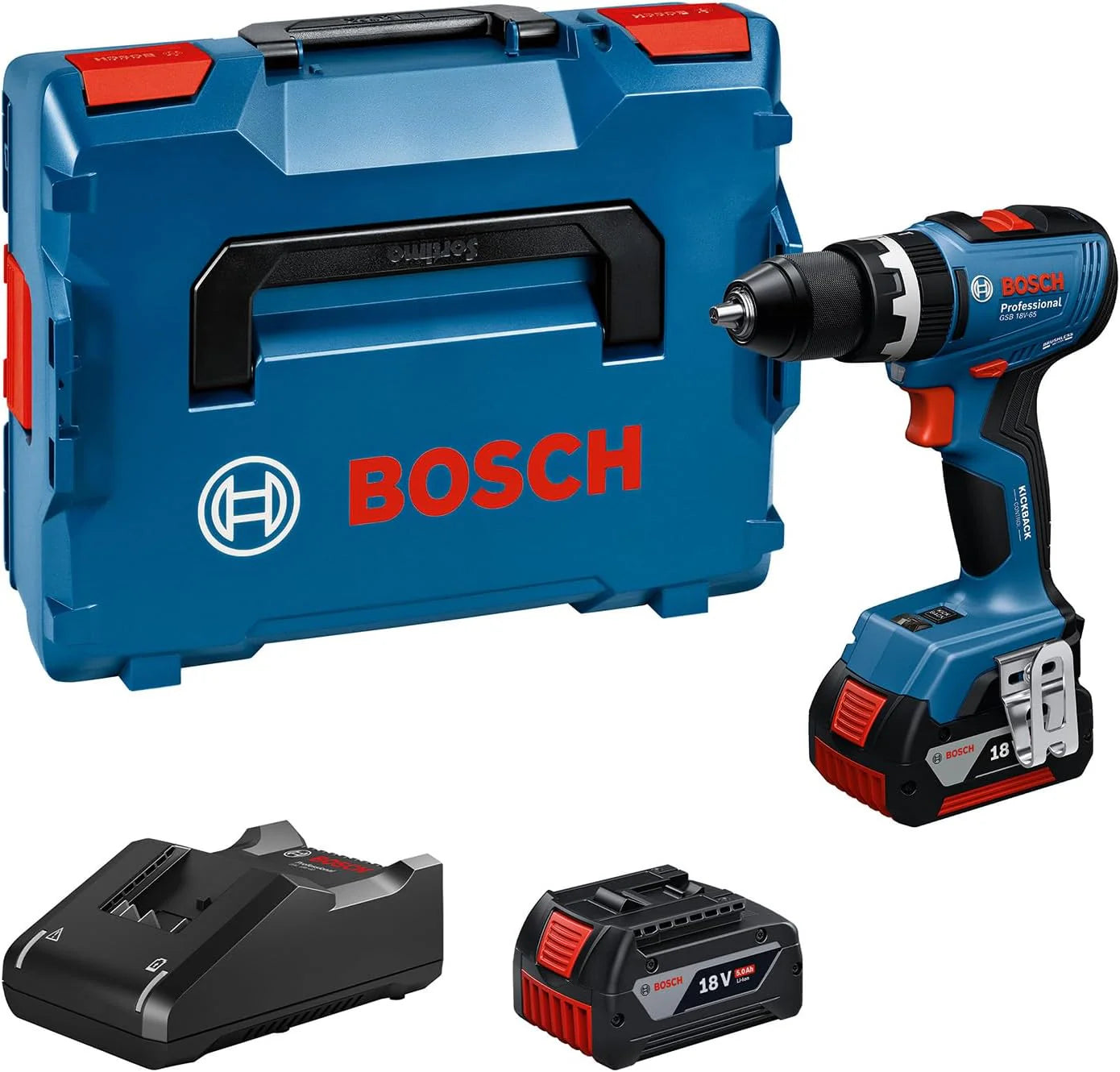 Bosch Professional 18V System accuschroefklopboormachine GSB 18V-65 (borstelloze motor, koplengte 175, incl. 2 x GBA 18V 5.0Ah-accu's, oplader GAL 18V-40, L-BOXX)