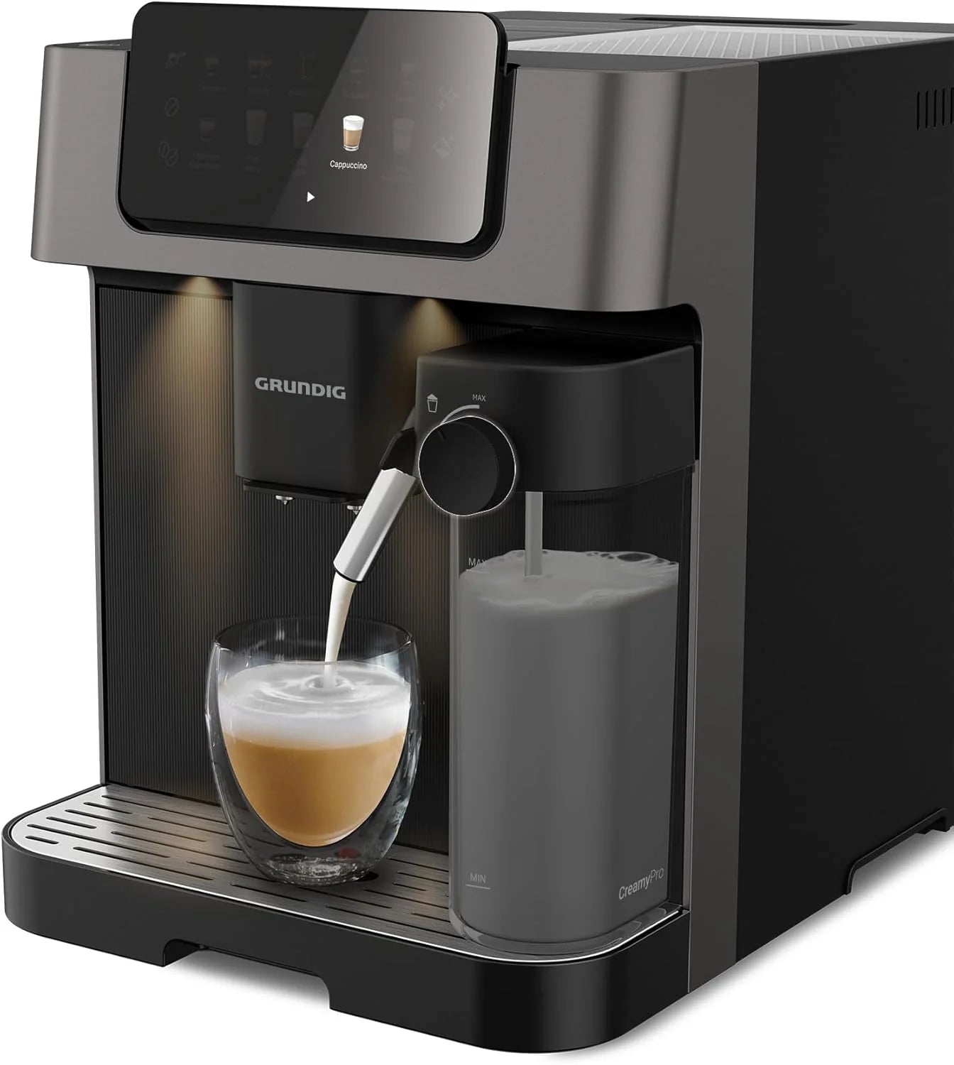 GRUNDIG KVA 7230 Volautomatische espressomachine, 10 koffiespecialiteiten, 13 maalgraden, melkreservoir, krachtig 1350 W, 19 bar pompdruk, dubbel mondstuk, verlichting, zwart/donkerzilver(met melkreservo)