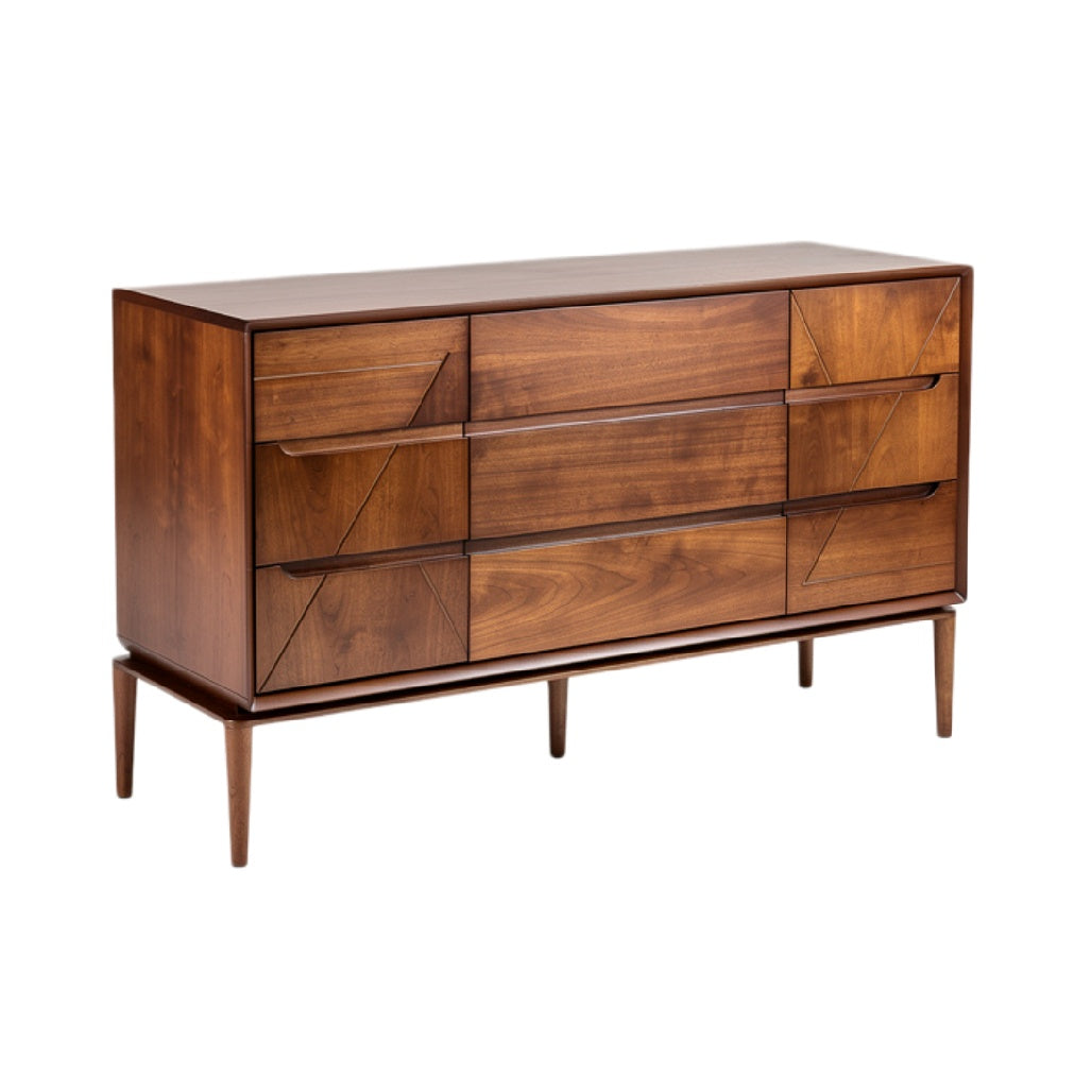 "Moderne Houten Dressoir met Lades en Geometrische Handvatten"