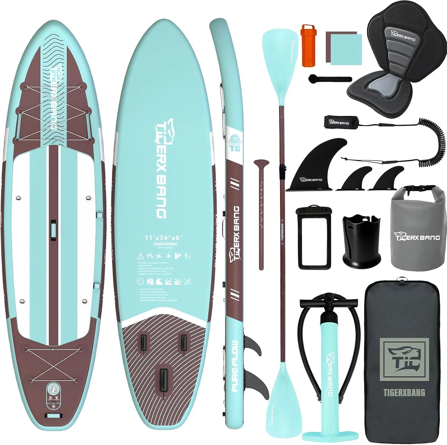 TIGERXBANG Opblaasbaar Stand Up Paddleboard, SUP-board met zitting, 11'x34 x 6 breed paddleboard voor volwassenen en jongeren - alle vaardigheidsniveaus, aquagroen