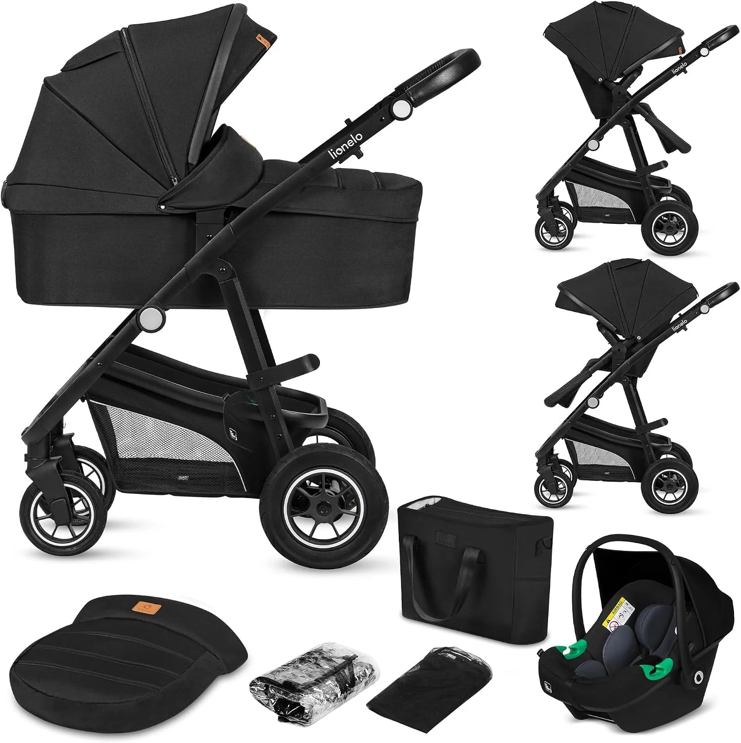 LIONELO Bianka 3 in 1 – Combi Kinderwagen | Complete Set: Reiswieg, Buggy, Autostoel ADAC gecertificeerd | Pompwielen met goede full vering | Snel Inklapbaar | Adapters | Vanaf geboorte tot 4 jaar(Zwart)