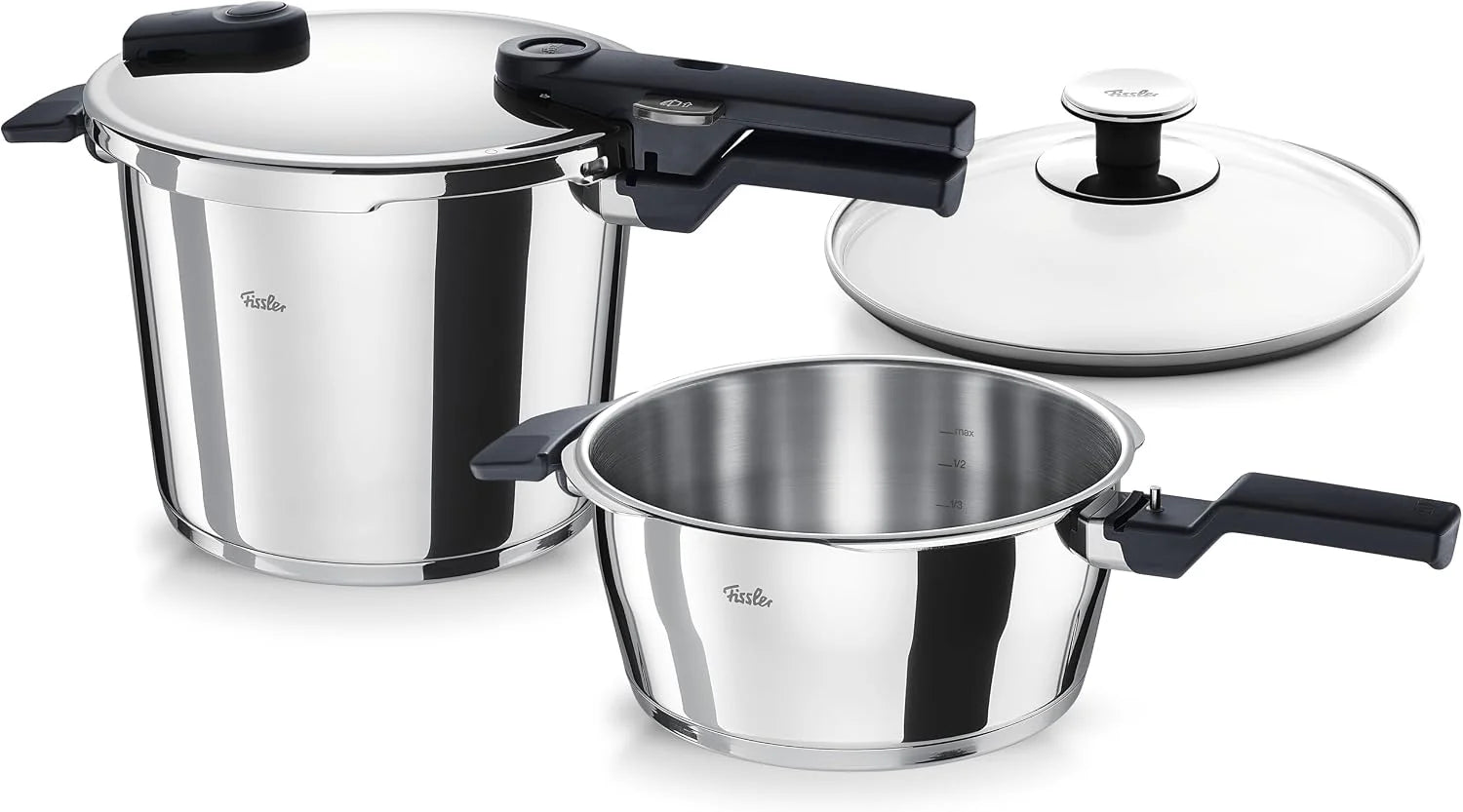 Fissler Vitaquick 3-delige snelkookpannenset (2 snelkookpannen met 3,5 l en 6 l metalen deksel, 1 extra glazen deksel) inductie