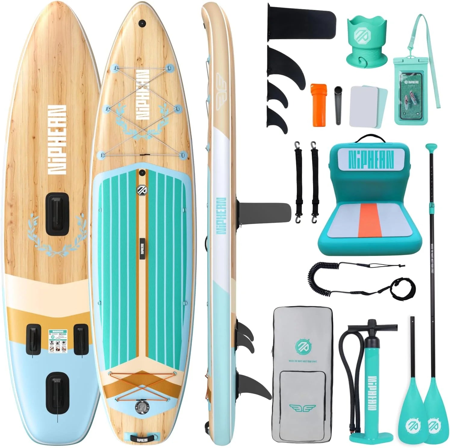 Niphean (Extra-Large) Stand Up Paddle Board, SUP Board voor 2+1 Personen/Gezin, Paddle Board met (Beginnersvriendelijke) StabilTrac™-Vin, Waterdichte Telefoonhoes, SUP voor Volwassenen, Cadeau-idee(Coastal Tide)