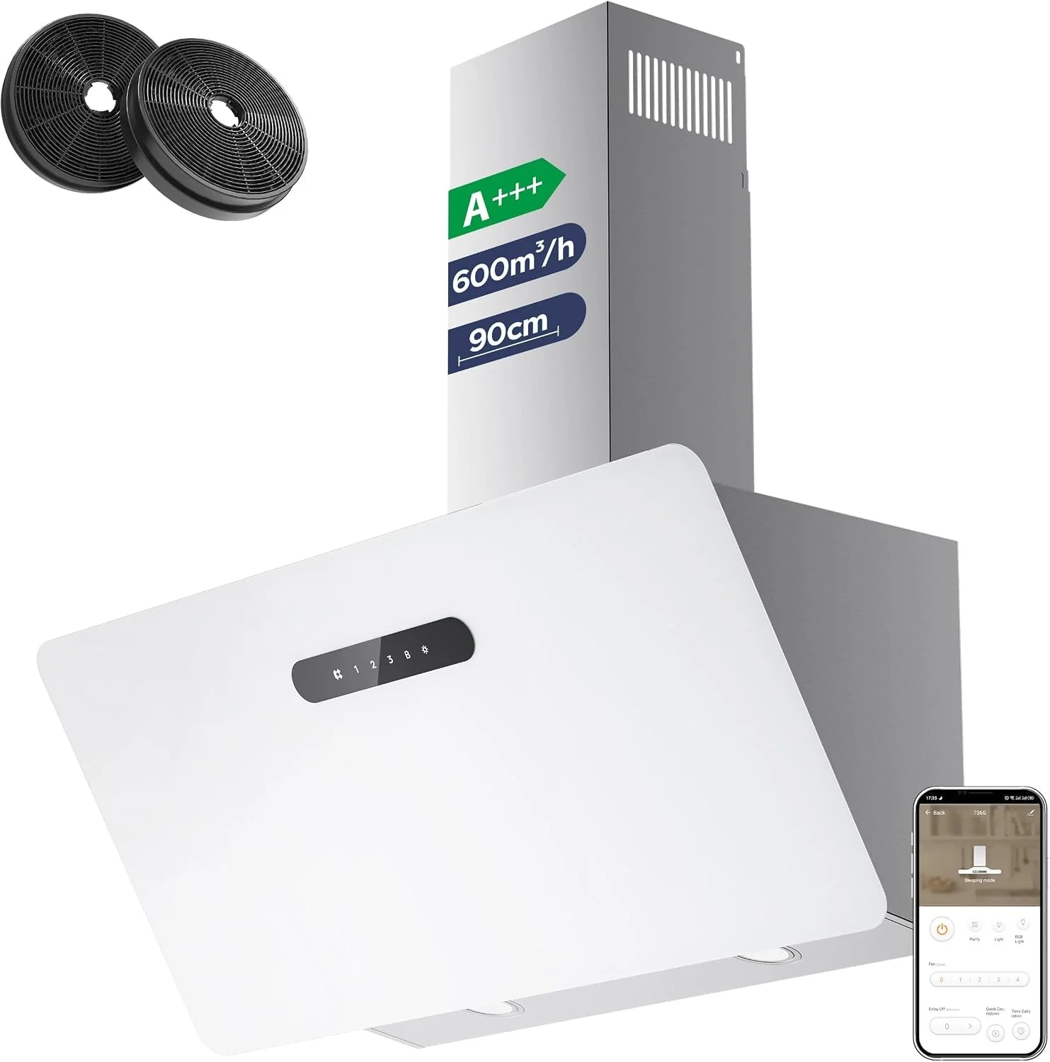 CIARRA CBCB9736F 90cm Schuine Afzuigkap, Recirculatie  Afvoer Wandmontage Schoorsteenkap met Touchbediening, 4 Snelheden, LED-verlichting[Energieklasse A+++](wit)