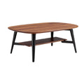 Moderne ovale salontafel met houten blad en zwart metalen poten
