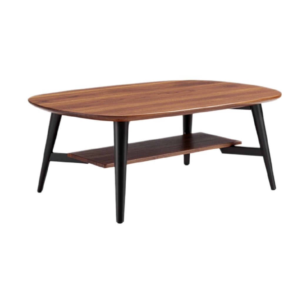 Moderne ovale salontafel met houten blad en zwart metalen poten