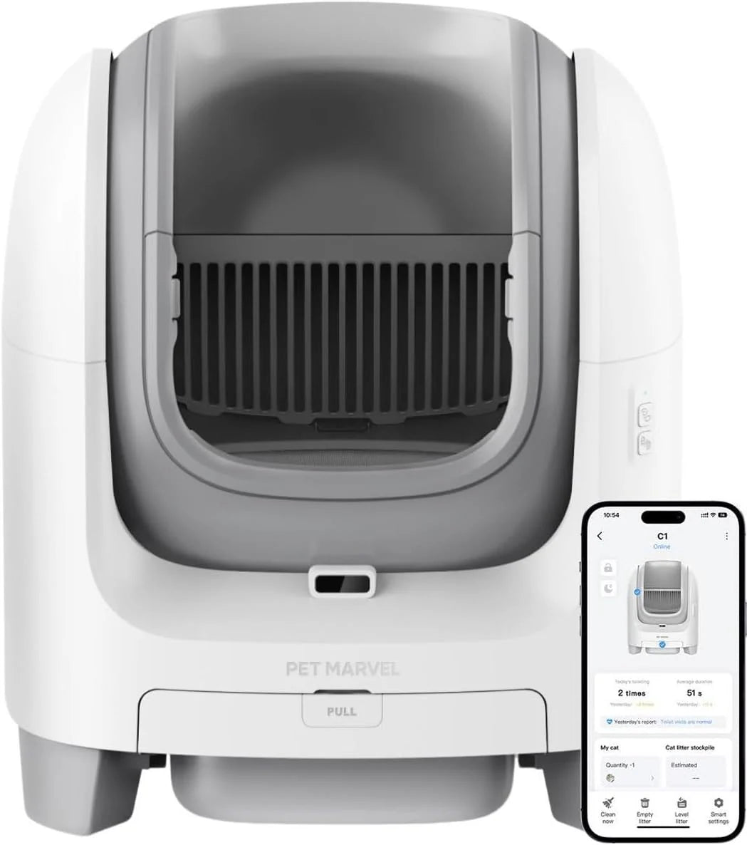 Pet Marvel C1 Automatische Kattenbak, XXL Open Top, 67,5L, Wit, Kunststof, 61,5x53,7x50,9cm, 13kg, Smart WiFi App, Zelfreinigend met Geurcontrole