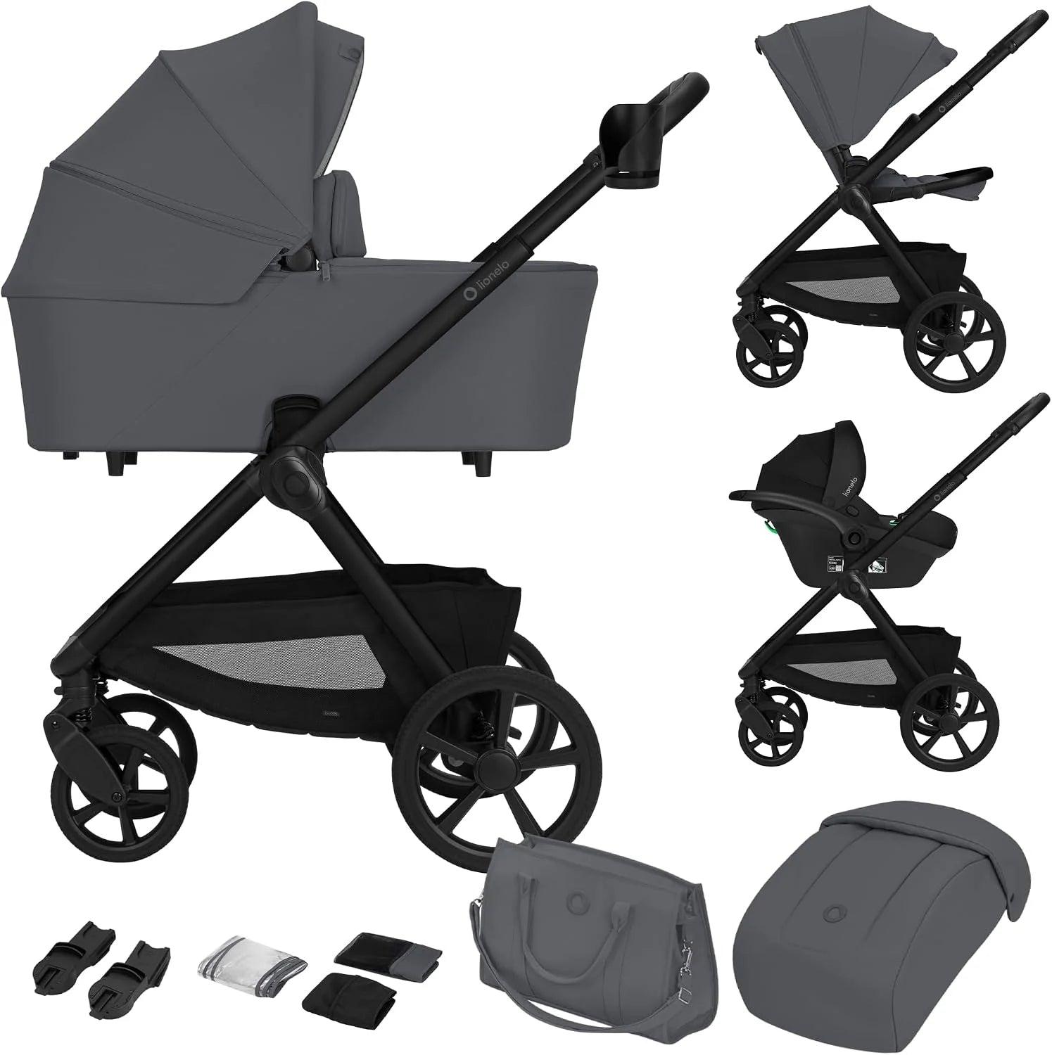 Lionelo Carmine 3-in-1 Kinderwagen met i-Size ADAC Autostoel, Reiswieg en Buggy tot 22 kg, Gravel Wielen, 3D Ventilatie, Anti-Reflux Hoofdsteun, Magnetische Gesp, UPF50+, Compact Opvouwbaar, Grijs(Steengrijs)