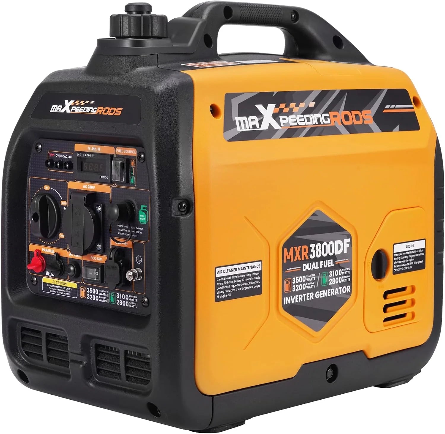 maXpeedingrods Elektrogene groep, stil, LPG en benzine, 3500 W, inverter, generator met USB-stopcontacten en 230 V, generator voor camping, auto, caravans, tuin(MXR3800DF Benzine/LPG)