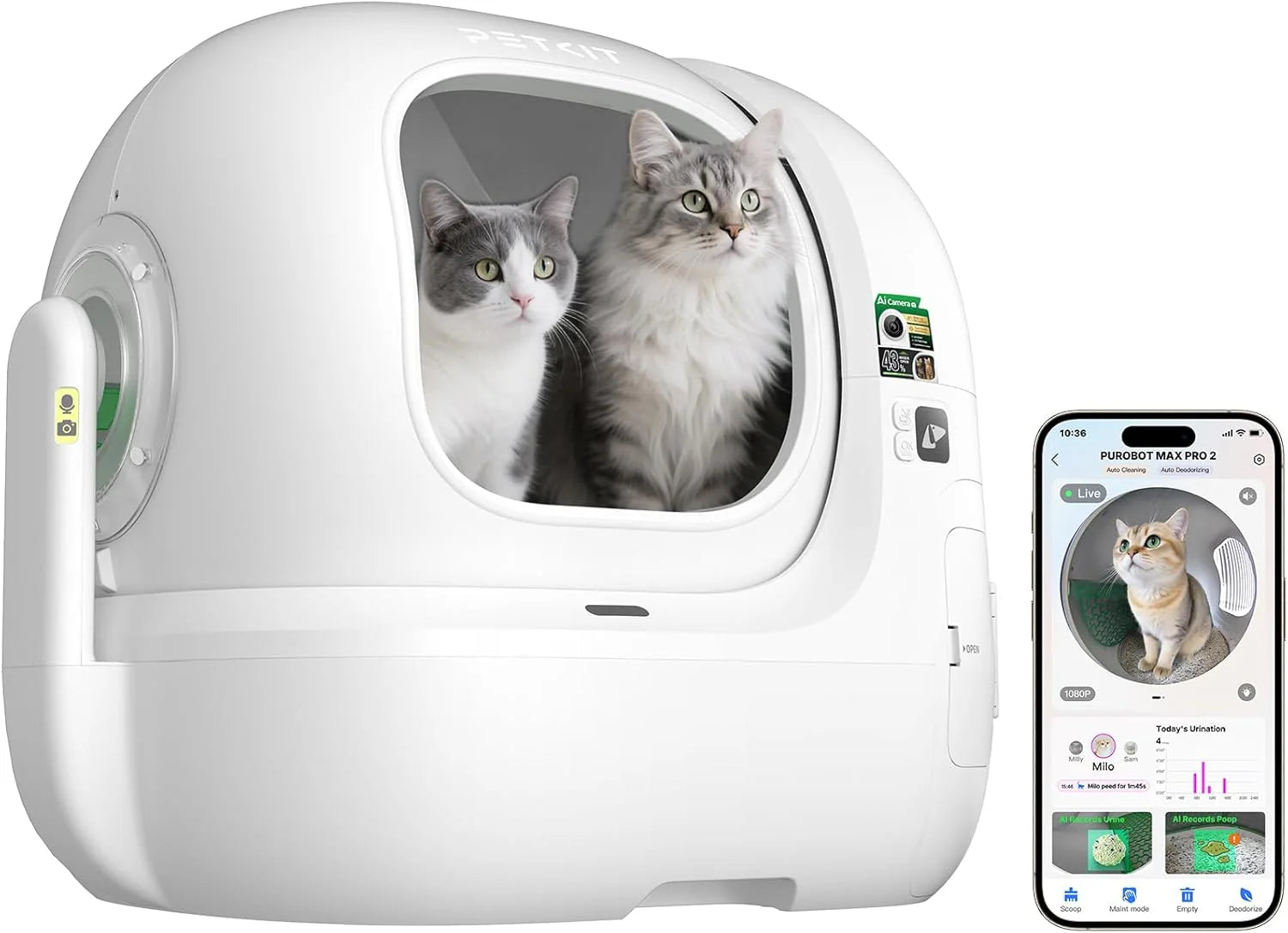 PETKIT PUROBOT MAX PRO 2 Zelfreinigende Kattenbak, Grotere Ingang, AI Camera, Automatisch Kattenbak, 2.4G en 5G Wifi, App-Control, Gezondheidstracering, Geurverwijdering, 76L, Voor Meerdere Katten(MAX PRO 2)