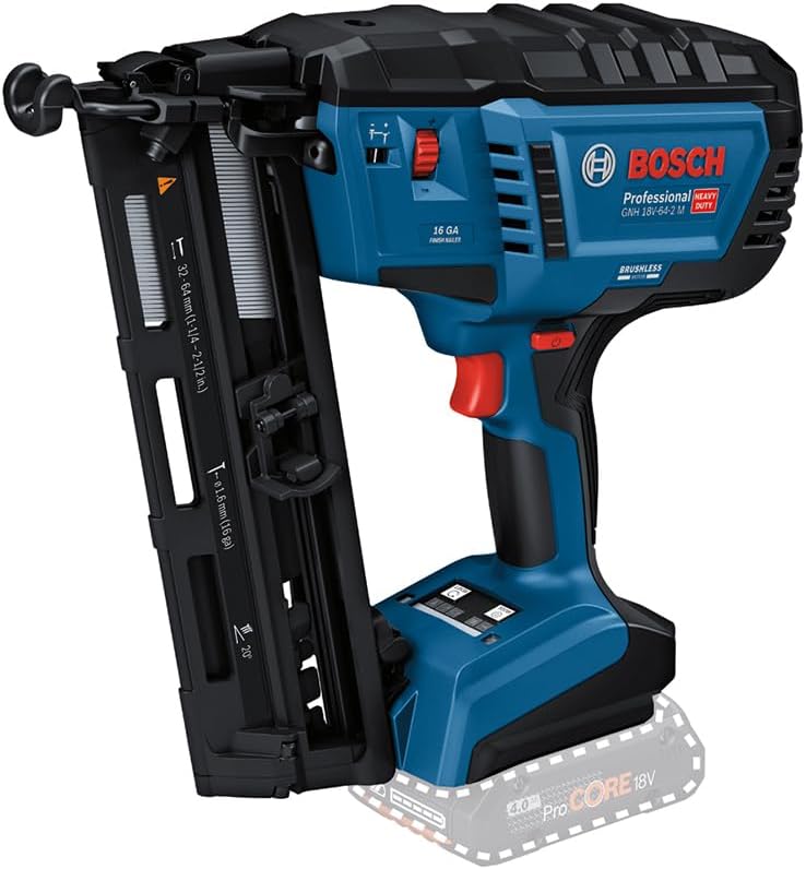 Bosch Professional 18V System accuhouttacker GNH 18V-64-2 M (enkelschots/contactactiveringsmodus, geschikt voor spijkers: 32-64 mm, 16 ga (1,6 mm) en collatiehoek van 20°, zonder accu's en oplader)