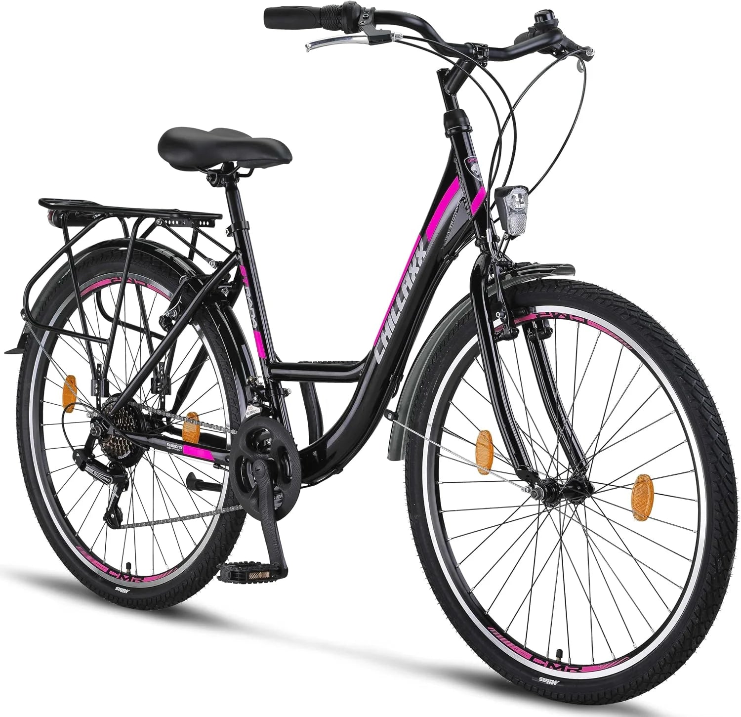 Chillaxx Bike Strada Hoogwaardige stadsfiets in 26 inch (66 cm) en 28 inch (71 cm): een fiets voor meisjes, jongens, dames en heren, met 21 versnellingen, Nederlandse fiets, stadsfiets(26 Zoll/zwart-roze V-rem)