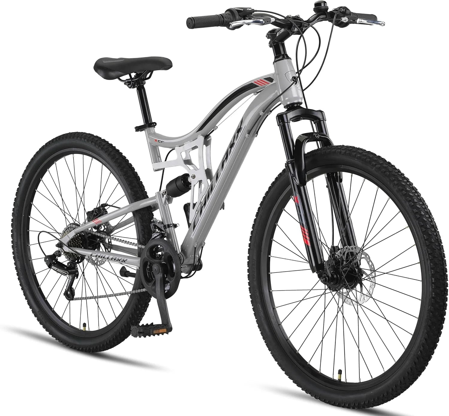 Chillaxx Bike Falcon Premium Mountainbike, 24, 26, 27,5 en 29 inch, fiets voor jongens, meisjes, dames en heren, schijfrem, 21 versnellingen, volledige vering(27,5 Zoll/Grey-Disc-rem)