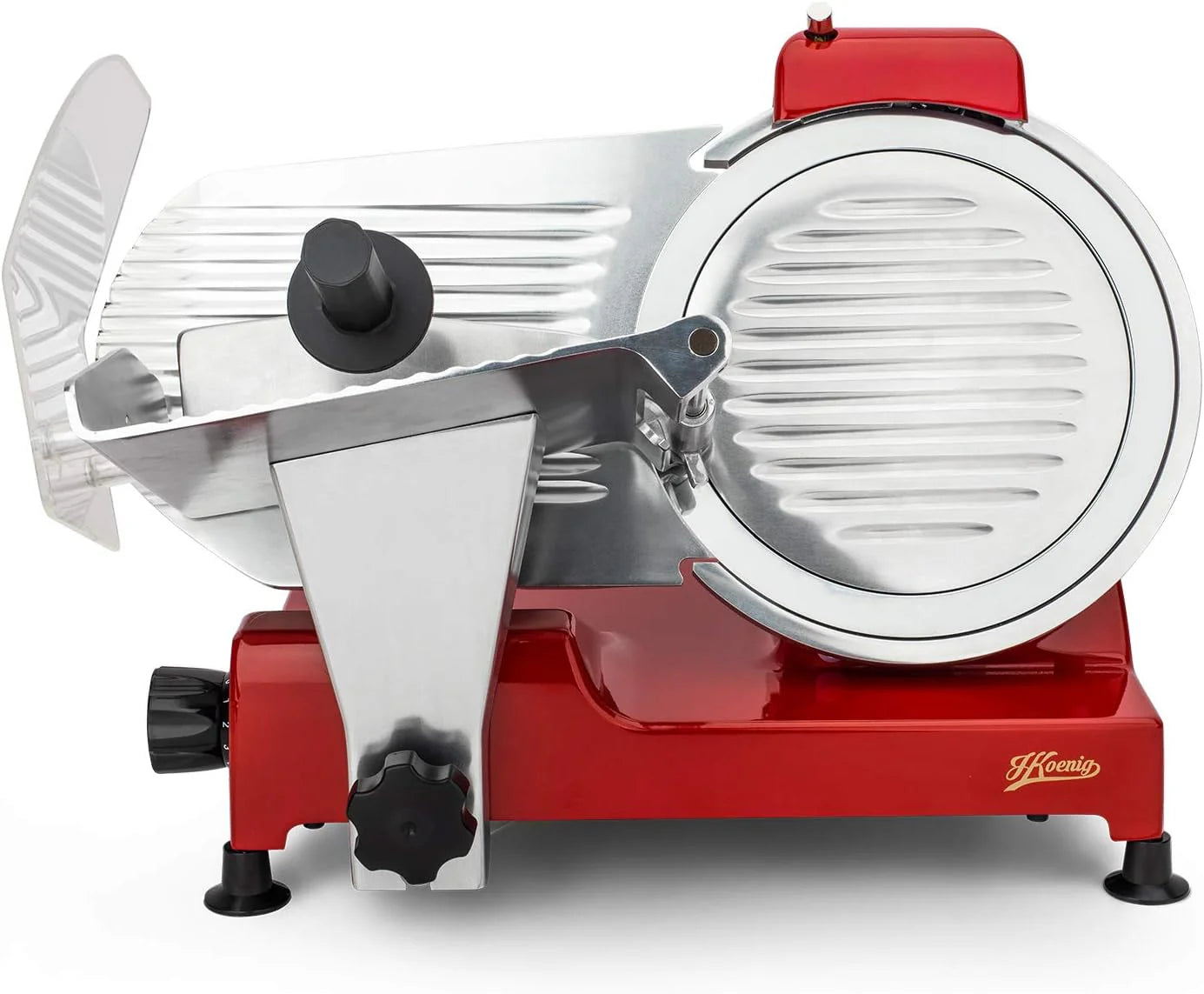 H.Koenig Elektrische Snijmachine MSX250, voor Ham, Vlees en Worst, Professioneel, Precies, Snijdikte 0-12 mm, 25 cm Italiaans Mes, Geïntegreerde Messenslijper, Groot Tafelblad, 282 Toerental, Stainless Steel, 250 mm(250 mm/"rood, rood")