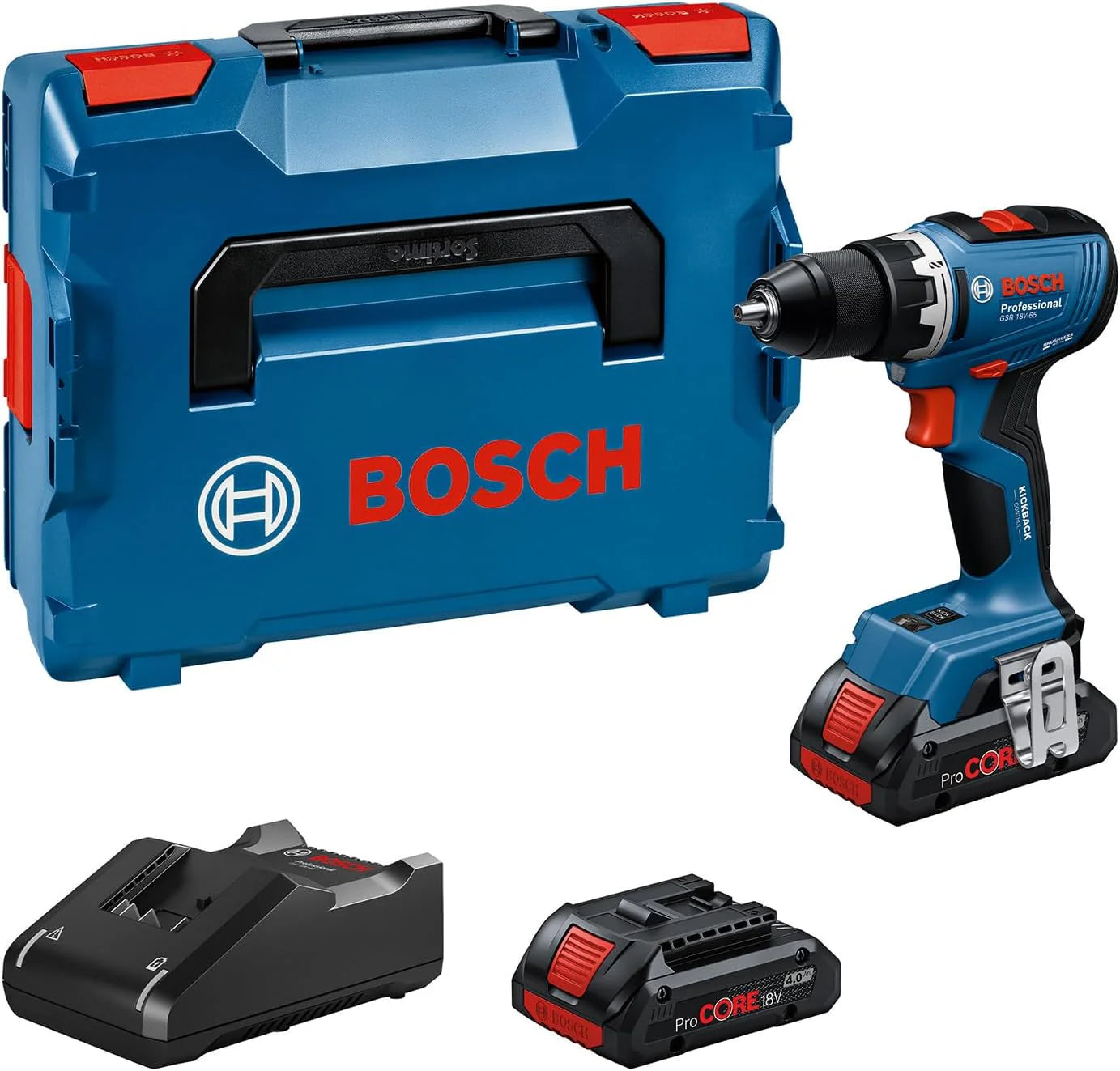 Bosch Professional 18V System accuschroefboormachine GSR 18V-65 (borstelloze motor, koplengte 166, incl. 2 x ProCORE18V 4.0Ah-accu's, L-BOXX)