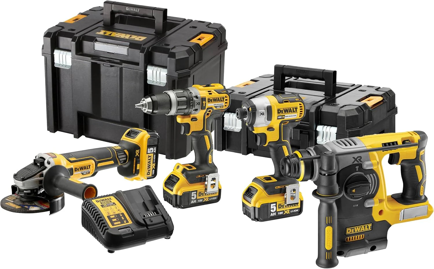 DEWALT DCK422P3T-QW Kit XR 18 V = DCD796 klopboormachine + DCF887 slagmoersleutel + DCG405 slijper + DCH273 hamer + 3 Li-ion accu's 5,0 Ah + TSTAK II + TSTAK VI