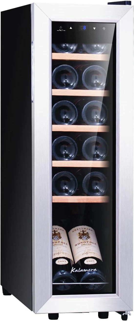 Kalamera Wijnkoelkast, 28 flessen 86 liter, breedte 44 cm, touch bedieningspaneel, roestvrijstalen glazen deur, 5-18°C, KRC-86FCSS-W(12 Flaschen - 35 Liter/Zwart)