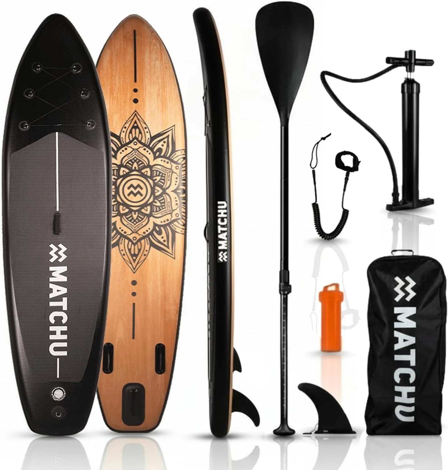 MATCHU - Opblaasbaar Sup Board - Paddle Board - Complete Set - T/M 150 KG Belastbaar - 320x81x15 CM - Anti-Slip - Zacht Voetendeck(Hout / Mandala - Zwart)