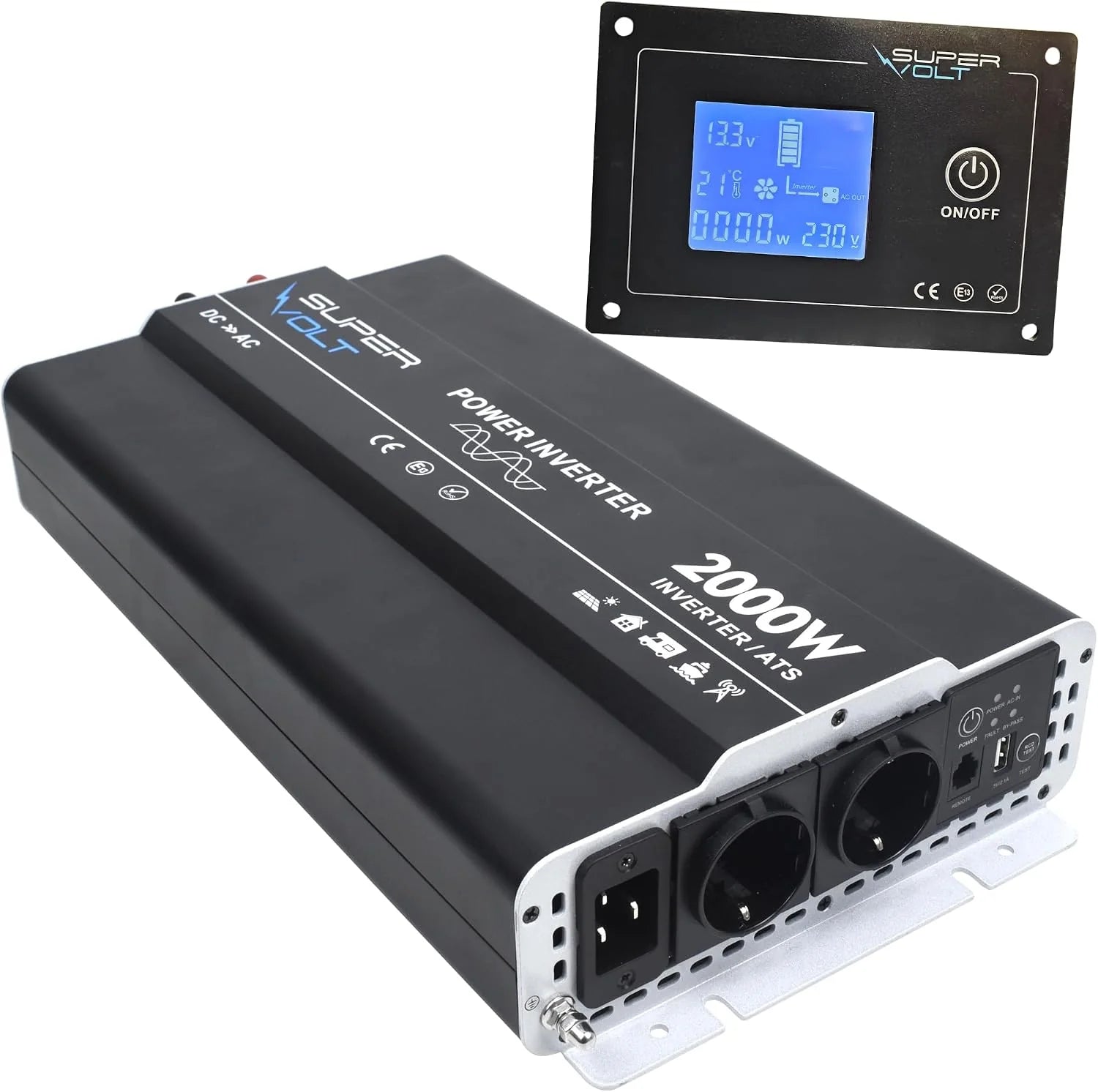 Omvormer, zuivere sinus, 12 V naar 230 V, 2000 W, met netprioriteitsschakeling en FI-bescherming, voor gevoelige apparaten, met afstandsbediening, USB en Schuko-dozen, ideaal voor camper