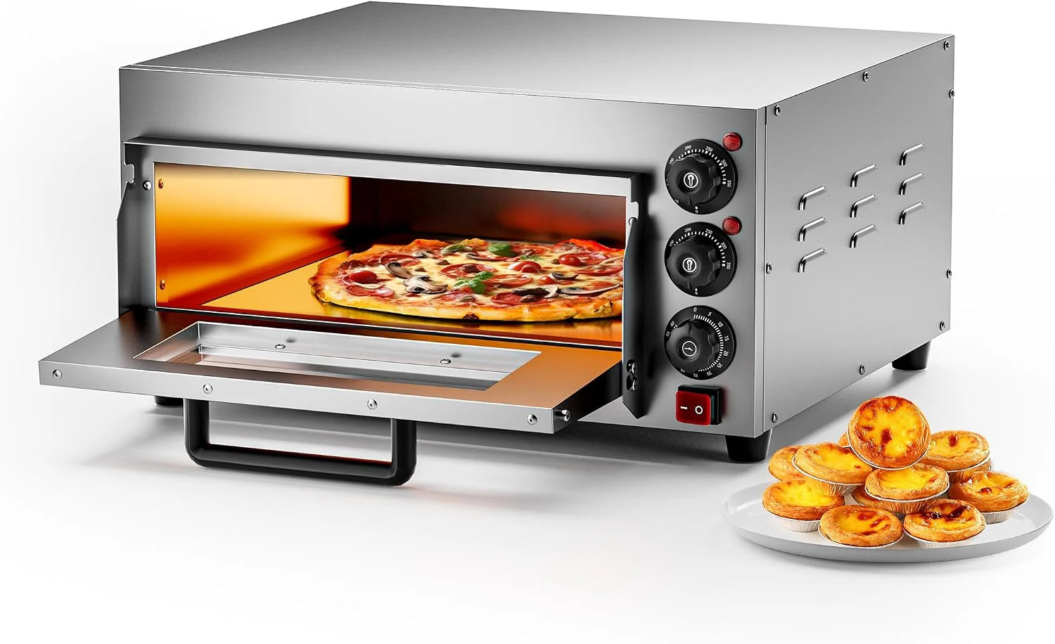 Wiltec pizzaoven met 2 niveaus 3000 W, oven voor pizza's incl. cordieriet pizaasteen, vuursteen voor steenovenpizza's, bakoven vor gerechten en maaltijden, pizzabakoven met twee kijkvensters(Pizzaoven 1 verdieping)