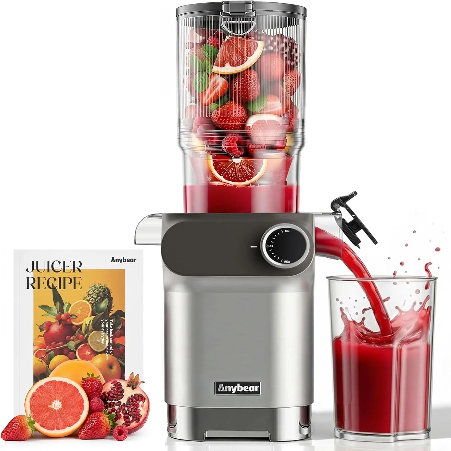 Anybear Sapcentrifuge 200W Slow Juicer met 110 mm grote vulschacht voor hele fruit/groenten | Upgraded slak | Tritan-materiaal | BPA-vrij | incl. saprecepten (zilver  oranje)