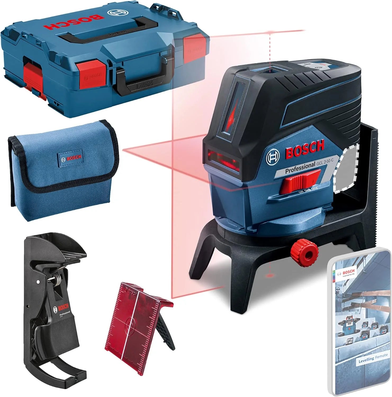 Bosch Professional 12V System Combilaser GCL 2-50 C (12V-accu + oplader, rode laser, binnenafwerking, met appfunctie, houder, zichtbaar werkbereik: max. 20 m, L-BOXX)(rode laser + L-Boxx 136 zonder accu)