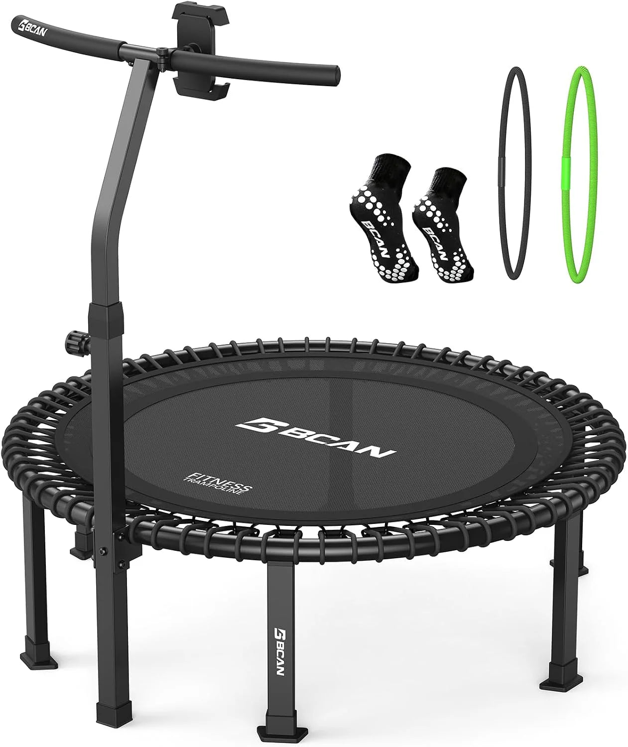 BCAN BT4 Soft Land Pro Bungee-rebounder-trampoline voor volwassenen, draagkracht 180 kg, bungee-touw en handgreep met instelbare spanning, eendelig frame, telefoonhouder en sokken, 96 cm