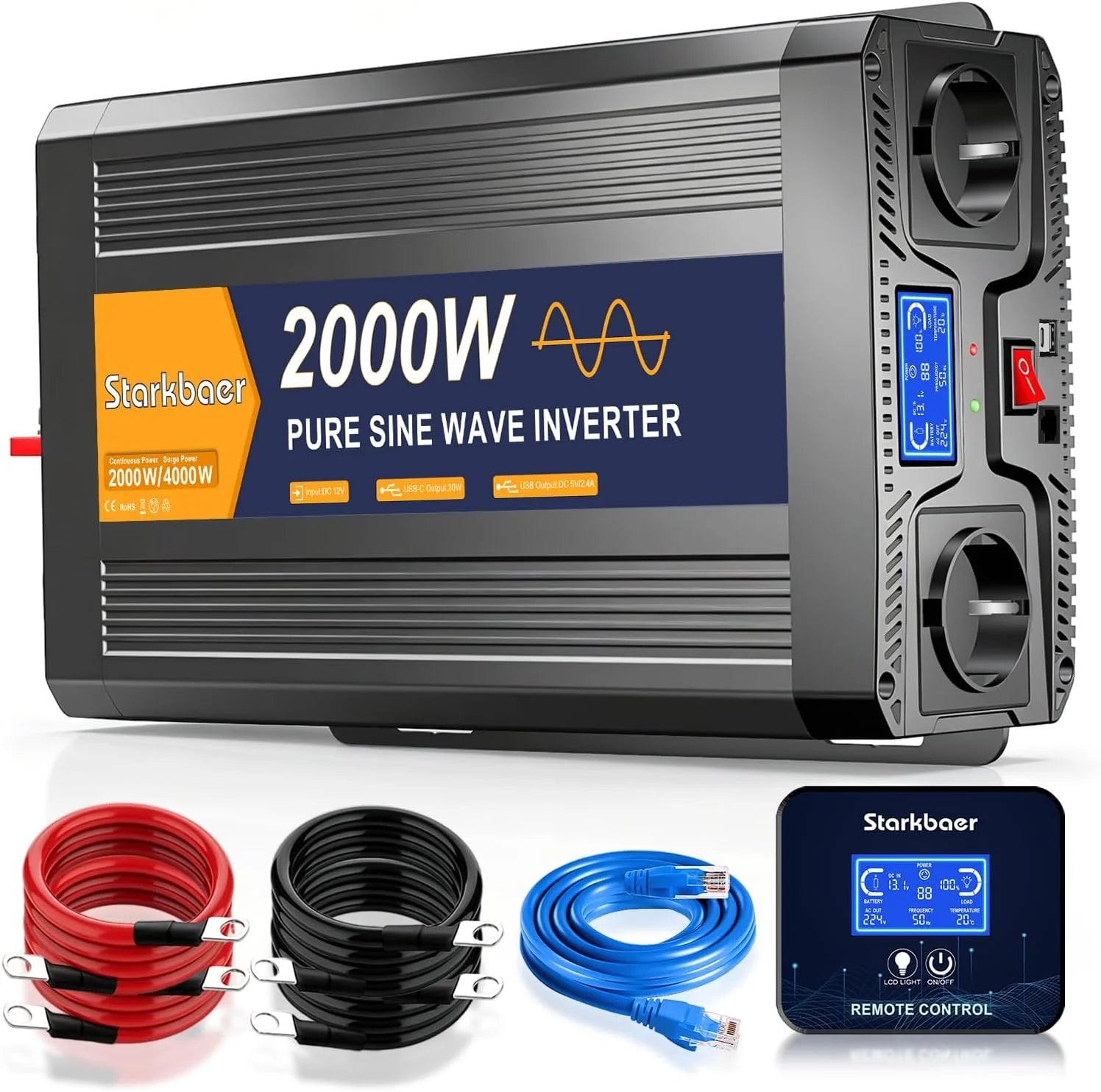 3000W omvormer 12V naar 230V zuivere sinus Spanningsomvormer stroomomvormer Inverter, 2 EU-stopcontacten, 2,4 A, USB, 5 m afstandsbediening en lcd-display voor auto's, boten, vrachtwagens(2000W 12V)