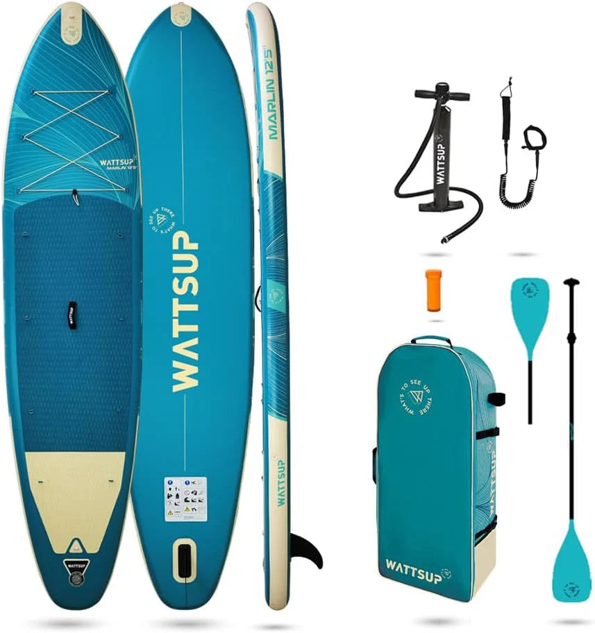 Wattsup - Sup Stand Up Paddle Opblaasbare Marlin 12'5-378x89x15cm Dropstitch - Compleet Pakket: peddel leash pomp draagtas - Tot 185kg -Blauw