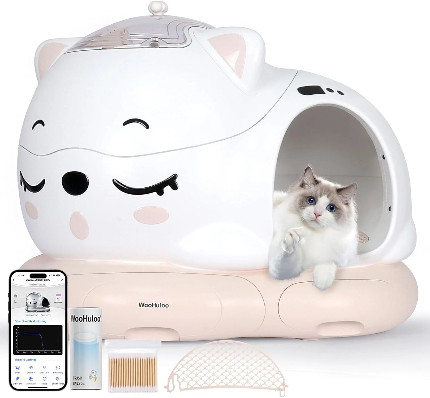 Zelfreinigende kattenbak, app-bediening, 80L extra grote automatische kattenbak, 360° geurbestrijding, geschikt voor gezinnen met meerdere katten en grote katten