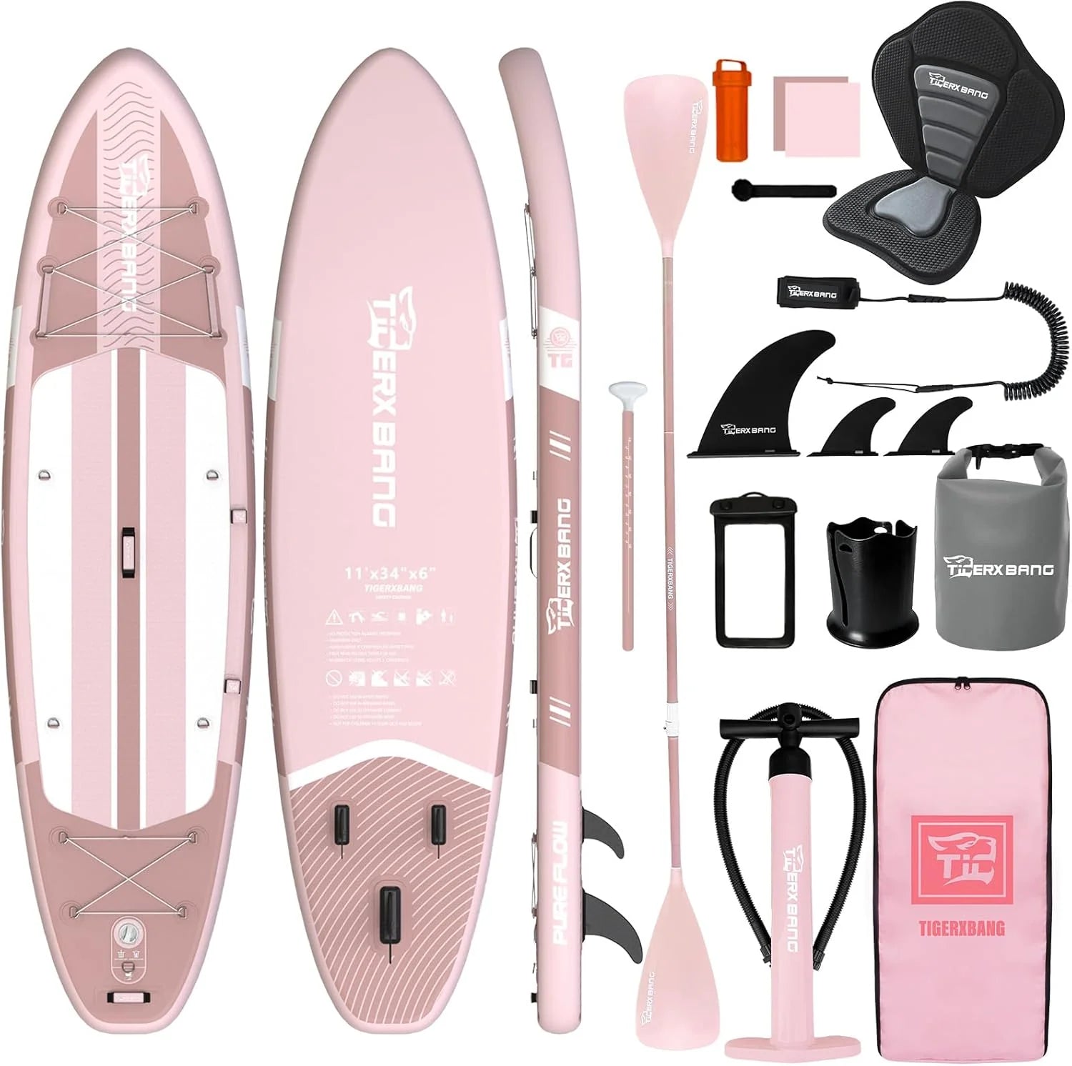 TIGERXBANG Opblaasbaar stand-up paddleboard, SUP-board met zitting, 11'x34 x 6 breed paddleboard voor volwassenen en jongeren - alle vaardigheidsniveaus, roze
