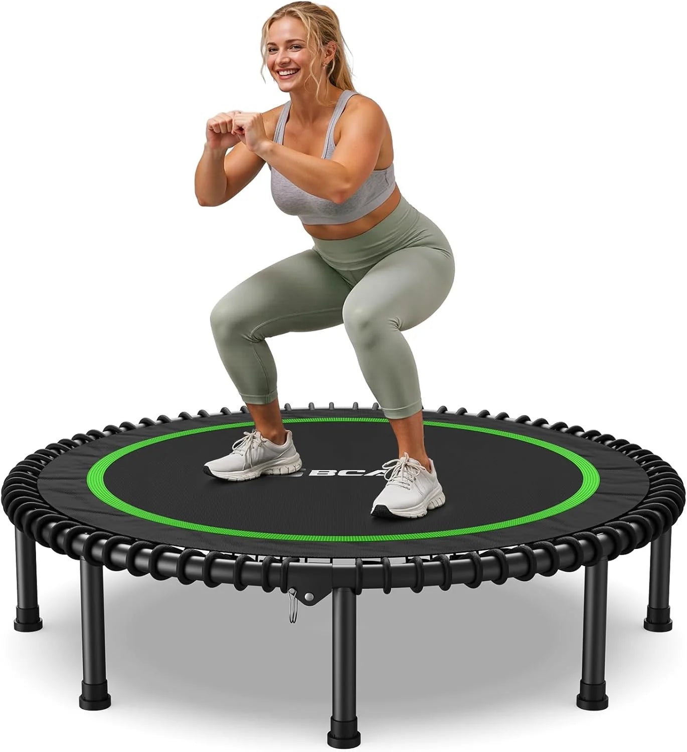 BCAN Opvouwbare mini-trampoline van 450 tot 500 kg, 40 inch/122 cm, fitnesstrampoline met bungees, verstelbaar schuimhandvat, stabiele en stille oefeningsrebounder voor kinderen en volwassenen,(48INGroen)
