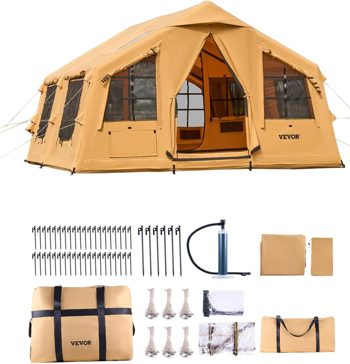 VEVOR Opblaasbare tenten voor kamperen, eenvoudige installatie opblaasbare kampeertenten met handpomp, 300D Oxford 4 seizoenen glampingtent met kachelaansluiting, opbergtas inbegrepen voor eenvoudig(Geel)