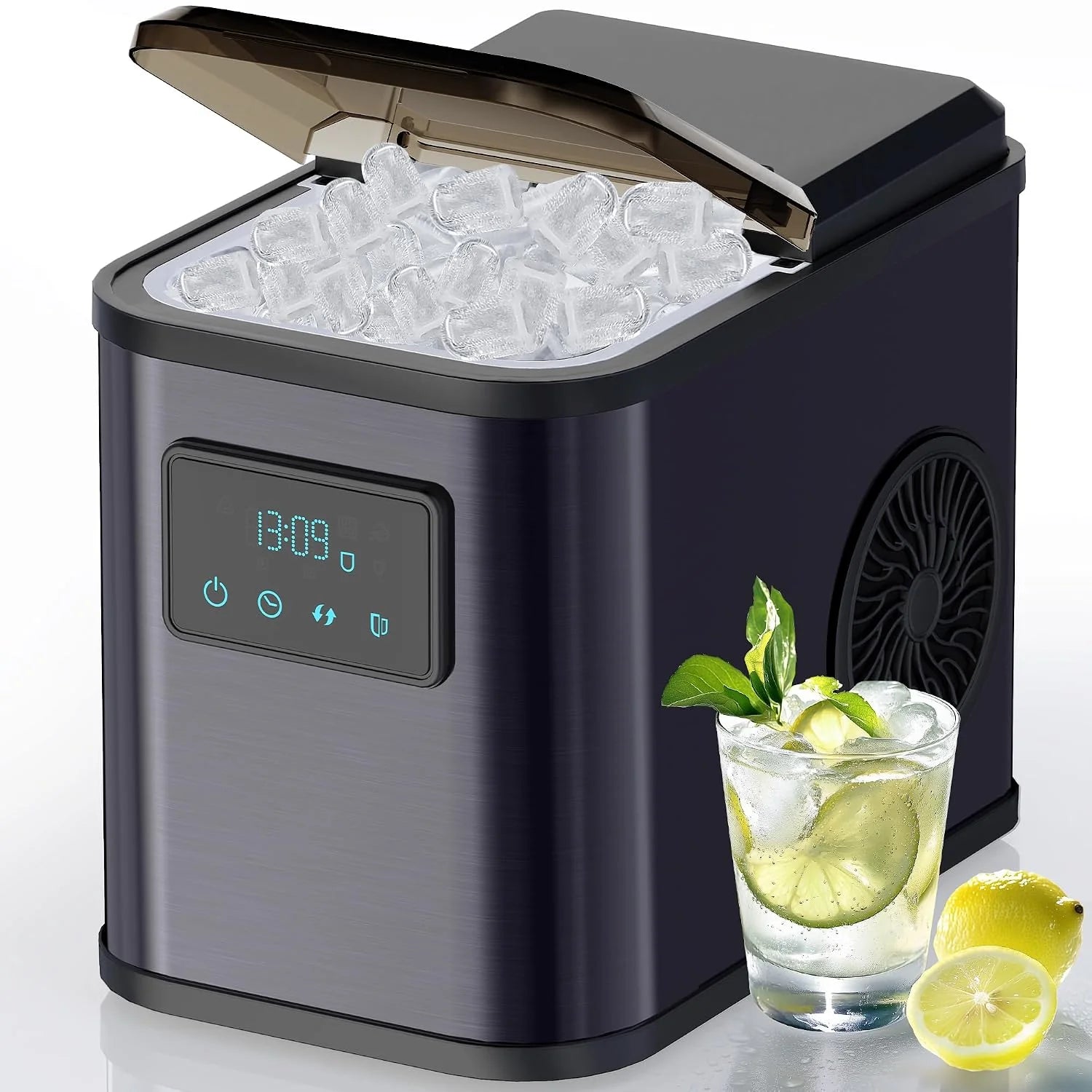 Roestvrijstalen ijsblokjesmachine met led-display, ijsmachine en reinigingsfunctie, waterreservoir van 2 liter, inclusief ijsschep en mand, 2 maten voor keuken, kantoor, bar en feest