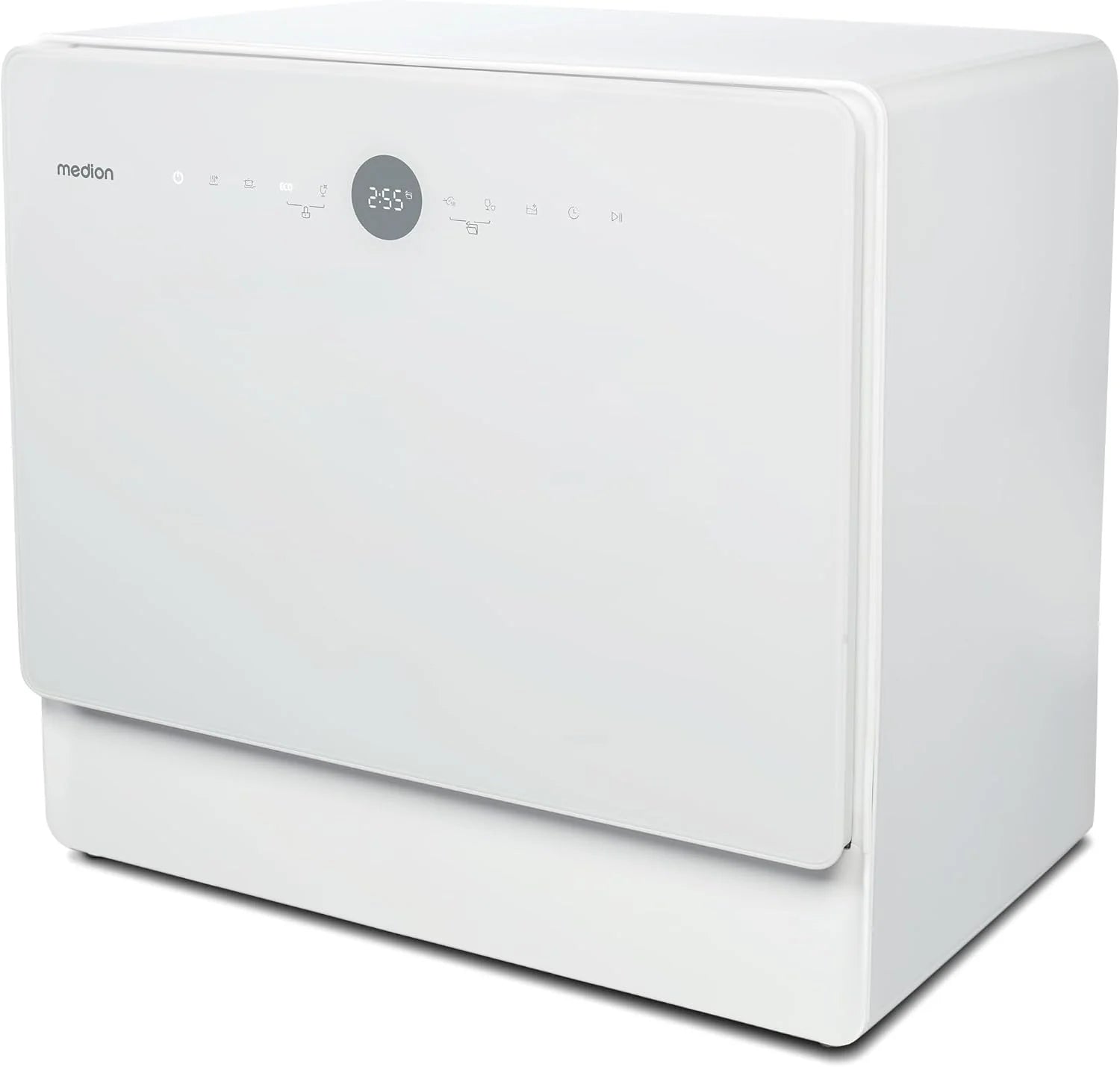 MEDION Mini Vaatwasser DWT51 (tafelmodel vaatwasser met touchbediening, emmerfunctie, 5 couverts, werkt met/zonder wateraansluiting, 7 reinigingsprogramma's, voorkeuze starttijd, MD 37766) wit(Modern, roestvrij staal)