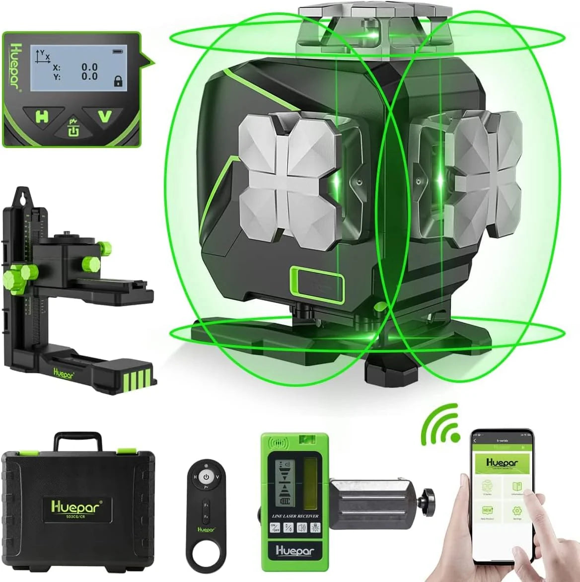 Huepar 16 lijnen zelfnivellerende laserwaterpas 4x360° kruislijnlaser met ontvanger - LCD-scherm, 4D Bluetooth groene straal tegelvloerlaser S04-5RG
