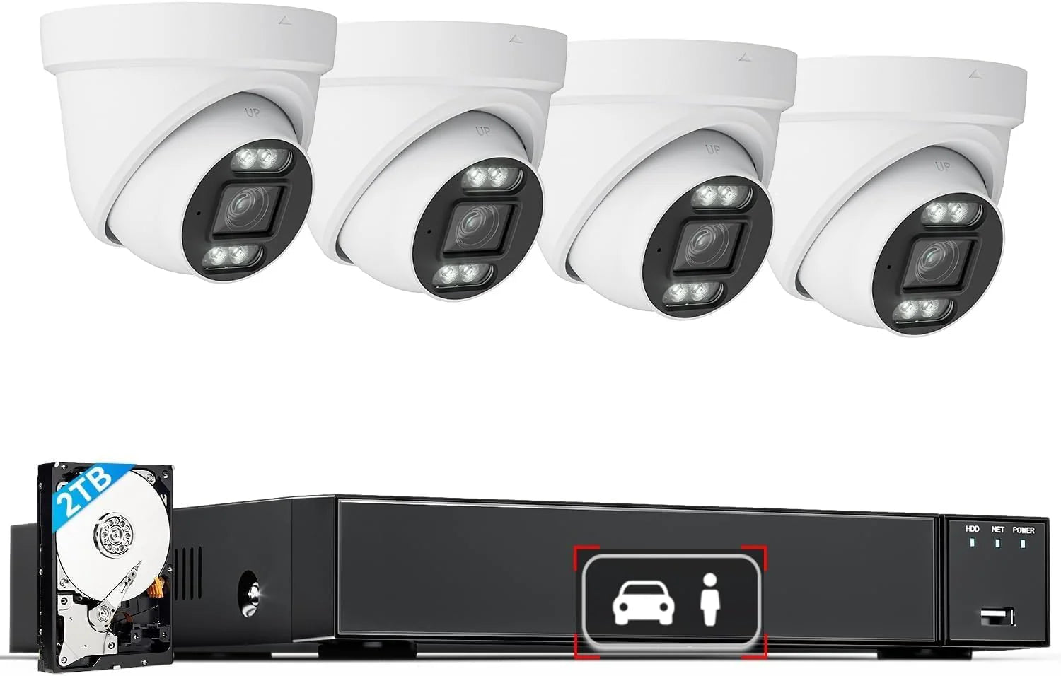 LongPlus Beveiligingscamerasysteem, 4K-camera's, 8-kanaals bedrade camera's voor thuisbeveiligingscamera, buiten, 2 TB 4 stuks, bekabelde PoE-camerasysteem met AI-detectie, audio en stroboscooplicht(Wit 4Pcs Dome Cam 8CH POE Beveiligingssysteem)