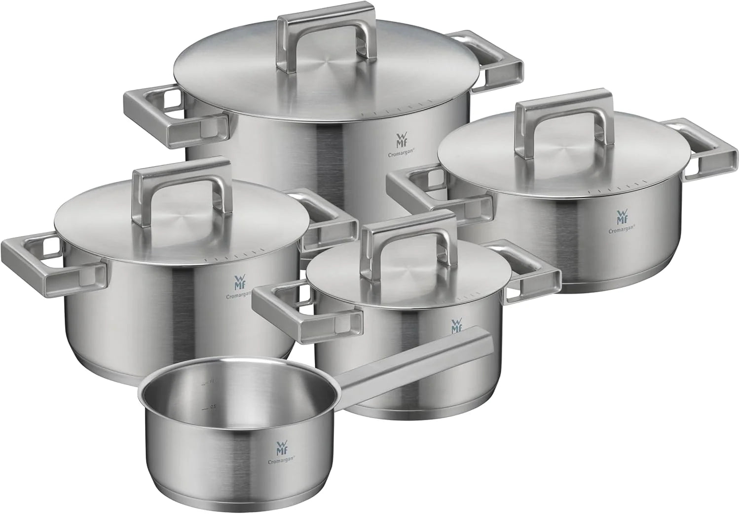 WMF Ultimate Cool Pannenset, 5-delig, kookpannenset met roestvrijstalen deksel, Cromargan mat roestvrij staal, ongecoat, schaalverdeling aan de binnenkant, vaatwasmachinebestendig