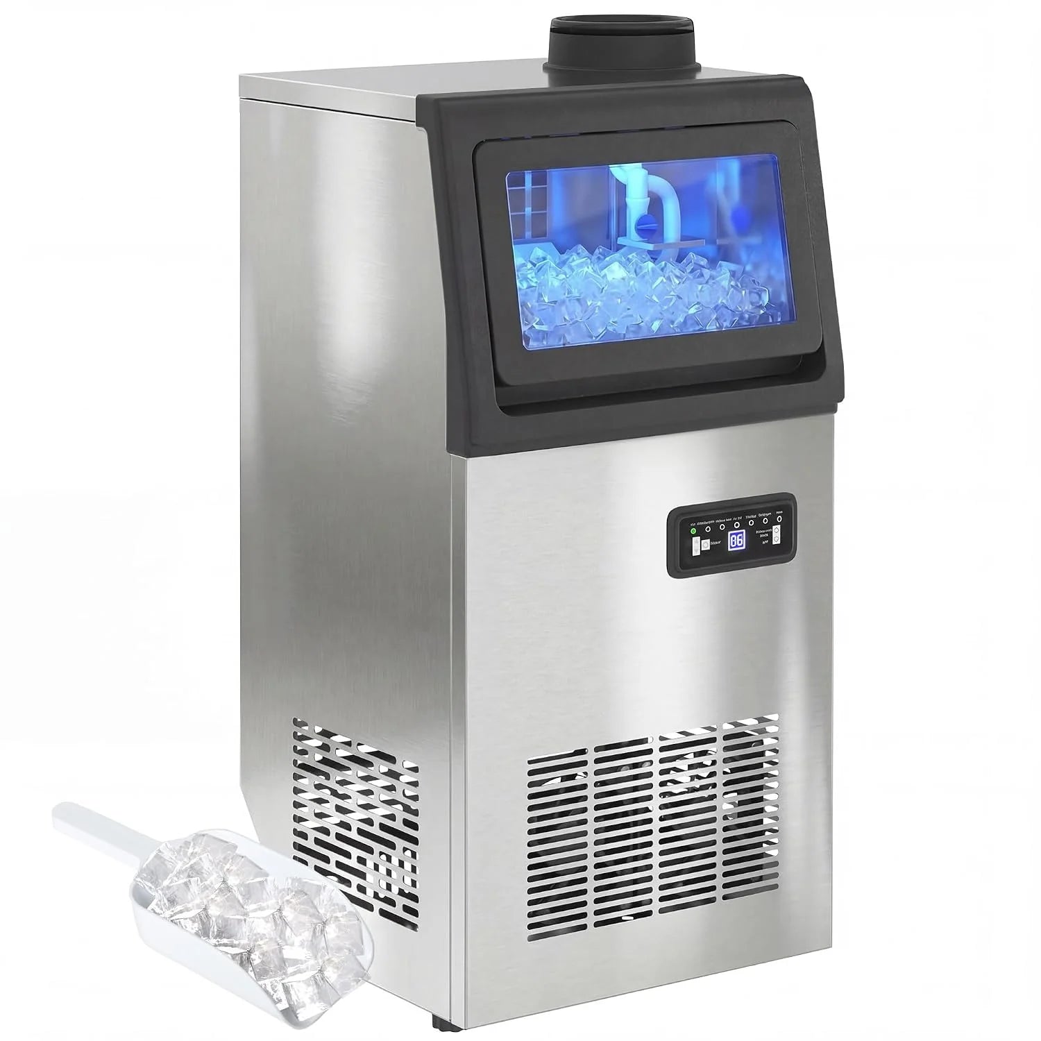 HOMCOM Commerciële ijsblokjesmachine, 36 kg/24 uur, zelfreinigende ijsmachine met 7,5 kg geheugen, timer, ijsmaker, machine van roestvrij staal, met ijsschep voor bar, kantoor, restaurant, café(45kg/24H)