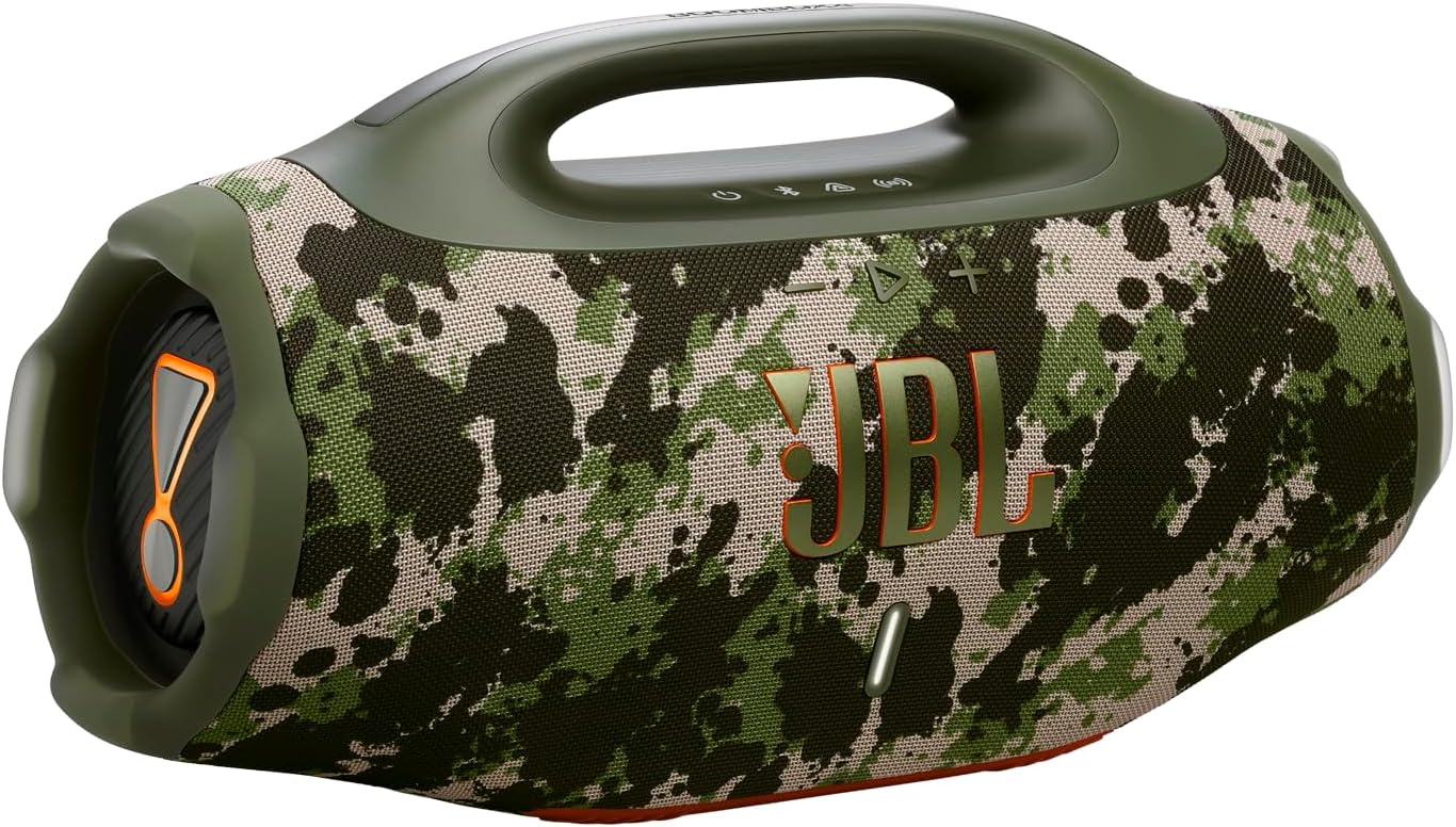 JBL Boombox 4, draagbare Bluetoothspeaker, JBL Pro Sound met AI Sound Boost, IP68 water- en stofdicht, tot 34 uur afspeeltijd, Auracast multi-speakerverbinding, twee bassboost-instellingen, zwart(Squad)